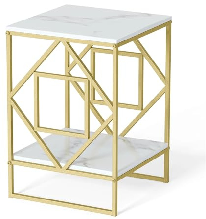 OPIGJUFD Side Table Luxury Marble Tea Coffee Cafe Table Living Room Office Laptop Sofa End Side Gold Frame Desk