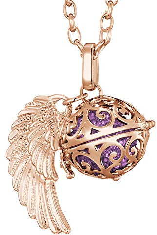 Morella Halskette Damen roségold Edelstahl 70 cm mit roségoldenem Anhänger Engelsflügel und Klangkugel Zirkonia Flieder Ø 16 mm in Schmuckbeutel