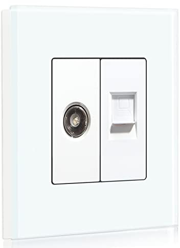 BSEED Wall Socket 1/2 TV Aerial Coaxial and RJ45 Cat5e Ethernet Socket Crystal Glass Panel Screwless Outlet Sockets White