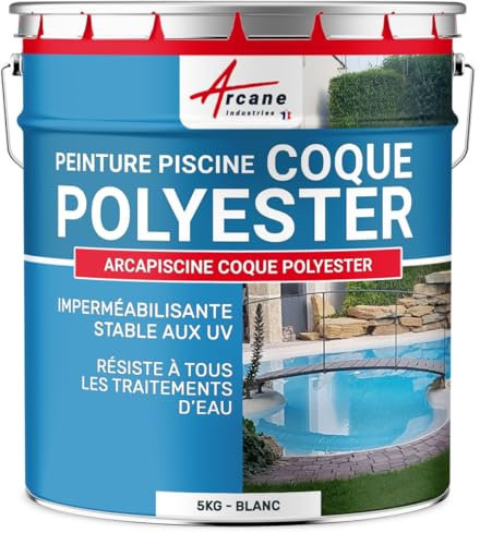 ARCANE INDUSTRIES Peinture Piscine Coque Polyester, Peinture Hydrofuge imperméabilisante, Piscine et Bassin - 5 kg (jusqu'à 15m² pour 2 Couches) Blanc