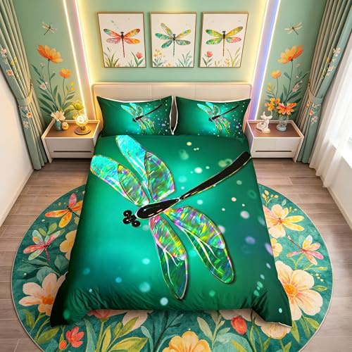 Loussiesd Dragonfly Duvet Cover Set Ultra Soft Dragonfly Comforter Set for Kids Women Adults Teal Dragonfly Bedding Set Nature Home Quilted Set Turquoise Double Size