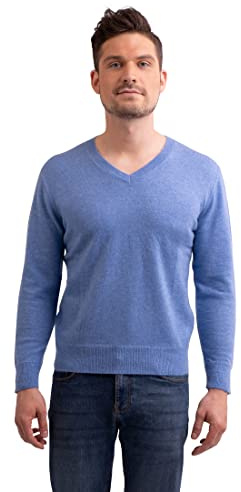 CASH-MERE.CH 100% Kaschmir Herren Pullover | Sweater V-Ausschnitt 2-fädig (Blau/Azure Blau, S)