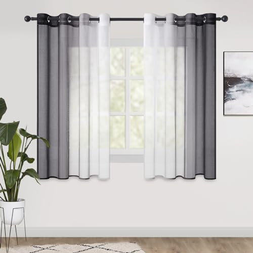 CUTEWIND Farbverlauf Vorhänge mit Ösen Transparente Gardinen Tüll und Voil Dekoschal für Fenster Schlafzimmer und Wohnzimmer 145x138cm (HxB) Weiß Schwarz 2er Set