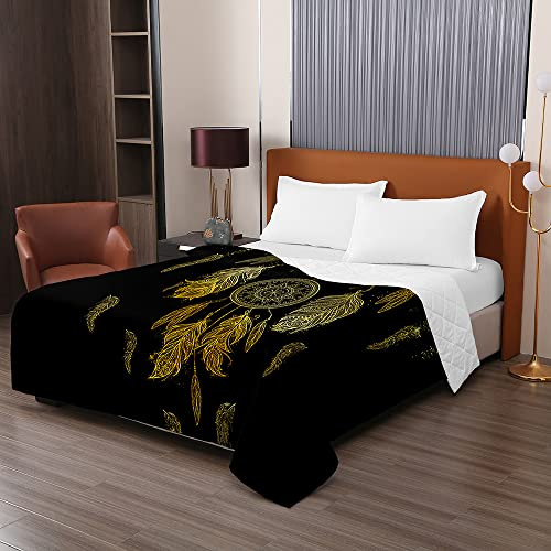 Oduo Tagesdecke Steppdecke Bettüberwurf 3D Traumfänger Drucken Bettdecke Stepp Decke Sofaüberwurf Doppelbett Unterfüttert und Gesteppt Waschbare Klimaanlage Wohndecke (schwarzes Gold,220x240cm)