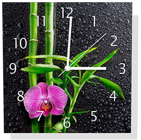 Wallario Design Wanduhr Bambus und Pinke Orchidee auf schwarzem Glas mit Regentropfen aus Aluverbund, Alu-Uhr Größe 30 x 30 cm, weiße Zeiger mit Metalloptik