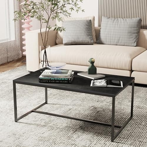 FATIVO Couchtisch Schwarz Modern Marmor: Wohnzimmertisch mit Metall Gestell - Skandinavisch Rechteckiger Beistelltisch Sofatisch Stubentisch 100x60x42cm