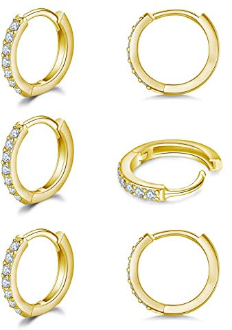 3 Paar Creolen Silber Ohrringe für Damen, klein Ohrringe Set mit Zirkonia, 925 Silber Vergoldet Kreolen Hypoallergen Klein Schlafen Kreolen Gold 12mm*3
