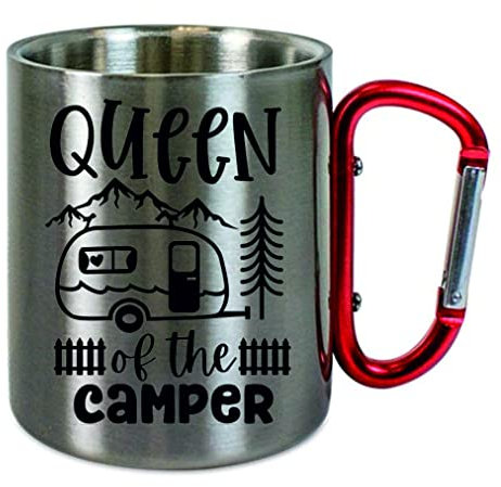 CreaLuxe Edelstahltasse mit Karabiner 'Queen of the camper' Tasse bedruckt, Kaffeetasse, Bürotasse, Metalltasse mit Name