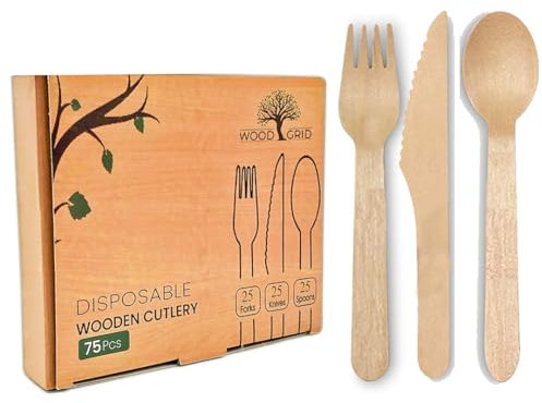 Woodgrid 75pcs Disposable Cutlery Set - 6.29 inches 25x Wooden Spoons, 25x Wooden Forks & 25x Wooden Knives Reusable, & Biodegradable Travel Cutlery Set for Kids, Parties, Camping, Weddings & Picnic