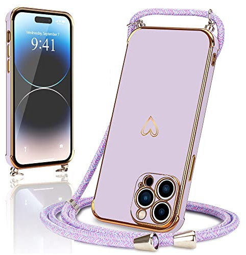 Micoden for iPhone 14 Pro Max Case with Strap Crossbody Lanyard Cord Neck Cute Heart for Girls Women Holder with Necklace Silicone Shockproof Cover for iPhone 14 Pro Max Purple