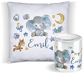 Yuweli Baby Boy Elefant Set Kissen & Kinder-Spardose für Jungen mit Namen personalisiert zur Einschulung Taufe Geburtstag Geburt Sparschwein