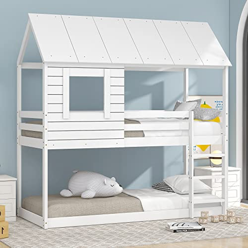 FEZTOY Hochbett Kinderbett 90 X 200, Etagenbett Stockbett für 2 Kinder mit Rausfallschutz und Lattenrost, Massivholz Kinderbett, Jugendbett, Doppelbett Hausbett (weiß)