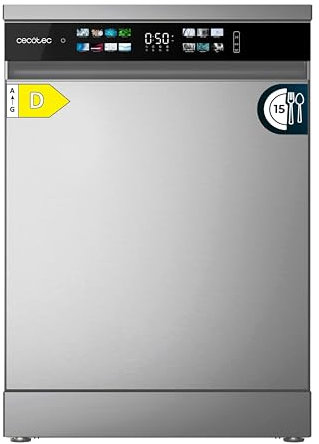 Cecotec Lavavajillas 60 cm Libre Instalación Bolero Aguazero 6210 Inox D. 15 Cubiertos, Bajo Consumo, Pantalla Fullcolor XXL, Tercera Bandeja, 8 Programas, Dual Zone Wash, Bandeja Ajustable, Inox