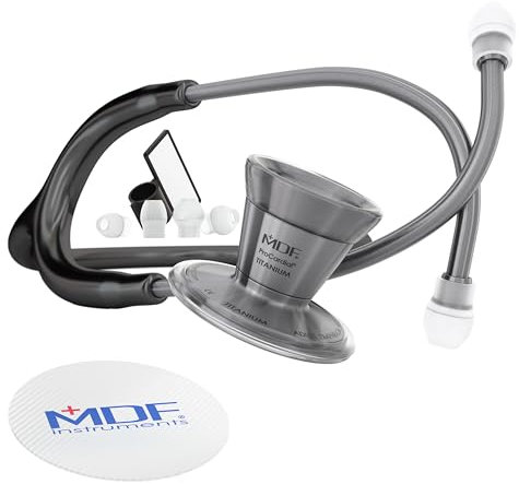 MDF ProCardial Kardiologie-Stethoskop, Leichtgewicht Titan, Erwachsene, Doppelkopf, schwarzer Schlauch, Metalika Brustst¸ck-Headset, MDF797TMT11+ Reiseetui