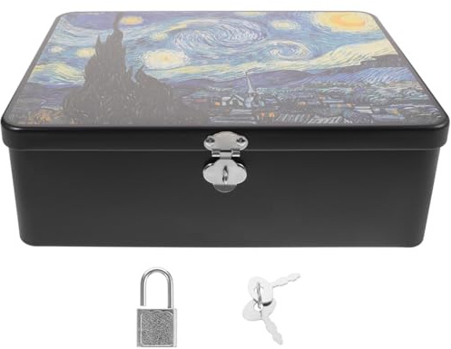 Cabilock Decorative Tinplate Storage Box with Lock 9.65 Inch Metal Container for Jewelry Keepsakes and Small Item Organization with Lid