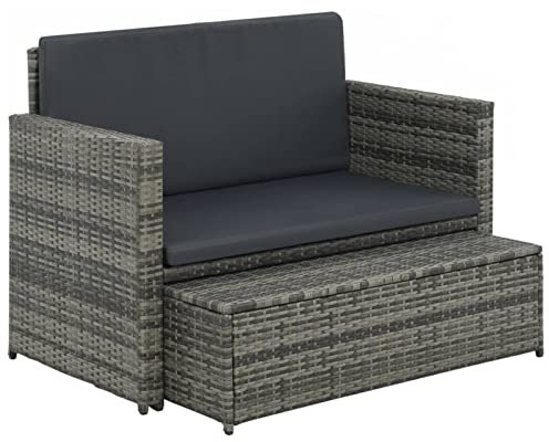 Homgoday Gartensofa mit Hocker Balkonsofa Terrassensofa Rückenlehne Rattansofa Loungesofaset Gartenlounge Gartenmöbel für Garten Balkon und Terrasse Poly Rattan Grau