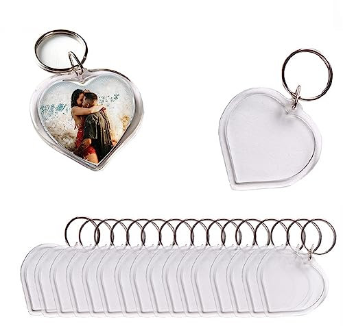 Lot de 25 porte-clés ronds en acrylique en forme de cœur avec cadre photo transparent avec porte-clés divisé pour amis, amoureux, maison, famille, photo à faire soi-même, En forme de cœur
