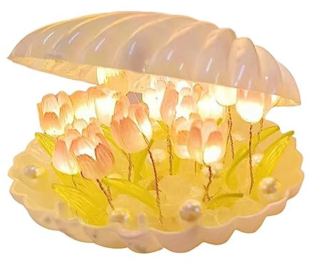 BomKra DIY Tulpe Nachtlicht Muschel Lampe mit Perle, Kristall Blume Schlafzimmer Schlafzimmer Tischlampe Kinder Mädchen Paar Freunde Geschenk Atmosphäre Dekoration Schreibtisch Ornament (Weiß)