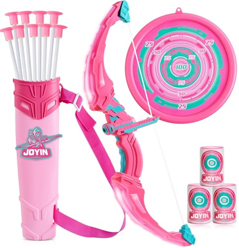 JOYIN Juego de Arco y Flecha Rosa para Niñas, Juego de Juguete de Tiro con Arco con Luz LED y 9 Flechas con Ventosas, Juguete de Actividades para Niñas de 3 a 12 Años