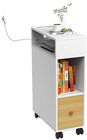 Chleby Schmaler Nachttisch mit Rollen - Weißer Beistelltisch mit 1 Schublade und Ablagefächern - 25x50x70cm