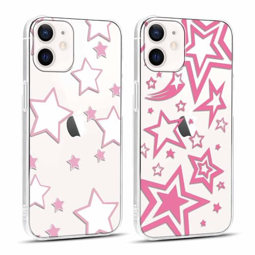 Yoedge 2 Stück Handyhülle für iPhone 12/iPhone 12 Pro Hülle 6,1,Transparent Stern Muster Mädchen Aesthetic Motiv Handyhülle Dünn Weich Durchsichtig Silikon Slim TPU Stoßfest Schutzhülle für iPhone 12