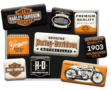 Nostalgic-Art Set di magneti retrò, 9 pezzi, Harley-Davidson – Genuine Motorcycles Milwaukee – Idee regalo per biker, decorazione del frigorifero, design vintage
