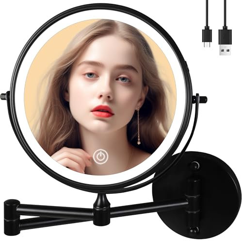 YNGTOUE 23cm Wand kosmetikspiegel mit Beleuchtung,Schwarz 10x vergrößerung Badezimmer Rasierspiegel, USB Aufladung (960B10X)
