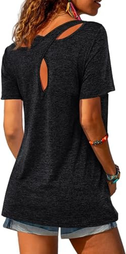 Fisoew Sportshirt Damen Fitness Kurzarm Yoga T-Shirt Leicht Gym Sport Oberteile Locker(A-Schwarz,XL)