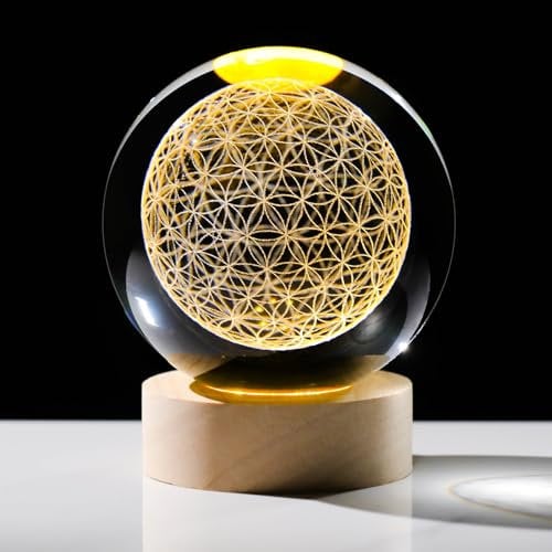 Arikyrist 3D-gravierte Blume des Lebens, Kristallkugel, lasergraviertes Gitter Blume des Lebens, Heimdekoration, Kristallgravur, heilige Geometrie, Glaskugel, Briefbeschwerer, Ornamente, Geschenke für