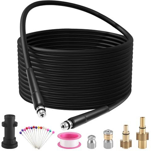15M Pressure Washer Drain Pipe Hose Cleaning Kit Compatible with Karcher K Serie K2 K3 K4 K5 K6 K7, Tube Unblocker with Jet Nozzle Rotating, Sewer Jetter Hose with Adapter for LAVOR and Bosch