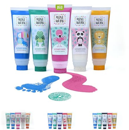 Miniwerk Naturfarbe 5er Set mit Schwammaufsatz - 5 Bio Malfarben aus natürlichen Rohstoffen, schadstofffrei wie Fingerfarbe - Baby Handabdruck Set, Fußabdruck Baby (Blau, Grün, Weiß, Rosa, Gelb)