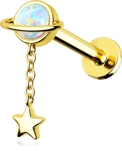 OUFER 16G Dangle Knorpel Ohrpiercing Stern Conch Ring 316L-Edelstahl Helix Planet 8mm Gold Opal Lippenpiercing Innengewinde
