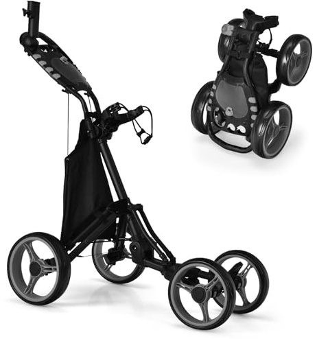 GYMAX Carrello da Golf Pieghevole a 4 Ruote, Carrello da Golf con Supporto per Segnapunti/Coppa/Ombrello, Borsa Frigo, Staffa Superiore con Cinghia Elastica, Freno a Pedale, Manico Regolabile (Grigio)