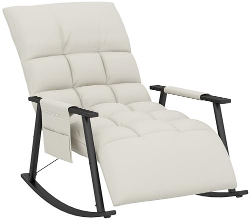 HOMCOM Silla Mecedora con Respaldo y Reposapiés Ajustables Butaca Mecedora con Bolsillo Sillón Balancín Tapizado en Microfibra para Dormitorio 60x134x70 cm Crema