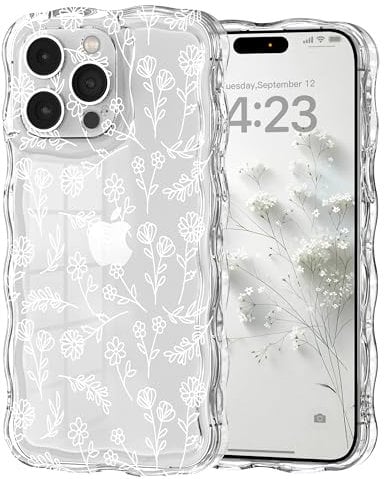 Micoden Cute Curly Wave Case for iPhone 14 Pro Max,Clear with Anti-Yellowing Flower Floral,Soft TPU Slim Bumper Shockproof Anti-Scratch Protective Wavy Cover for Girls Women-White