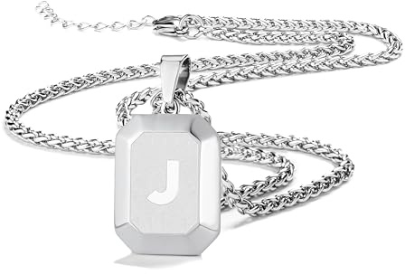 Männer Herren Edelstahl Halskette Mit Alphabet Schmuck Geschenke | Silber Schwarz Gold Quadrat Hundemarke Initial Monogramm A-Z Kette für Jungen 20 + 2 Zoll Weizen Kette Unisex