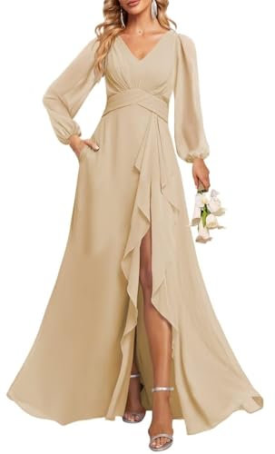 YIANN Champagne Long Sleeve Bridesmaid Dresses for Wedding Party Plus Size A Line Chiffon Formal Party Gown UK28