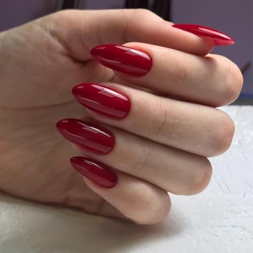 24PCS Wine Red Press on Nails – Medium Length Almond Shape Glossy Fake Nails with Glue, 12 Sizes, Removable DIY Nail Art for Women & Girls