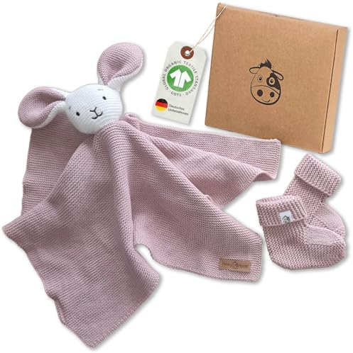 Minky Mooh Kuscheltuch Hase mit Söckchen - 100% Bio-Baumwolle – Schnuffeltuch, Schmusetuch, Kuscheldecke, Schmusedecke, Strickdecke - Samtweich - Oeko-TEX® Standard 100 und GOTS Zertifiziert (Pudra)