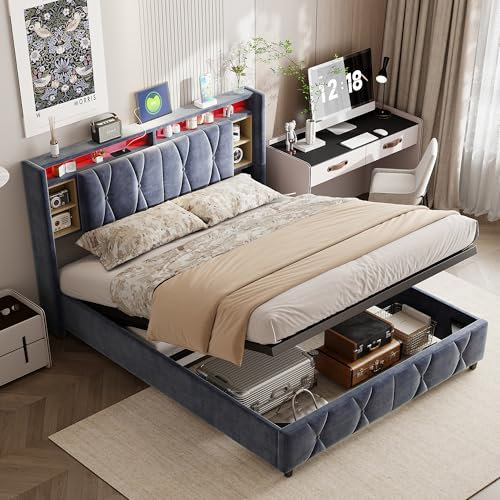 KSFASHZ Bett mit Bettkasten, 140 x 200 cm, mit LED und Steckdose, Boxspringbett mit Stauraum, hydraulisches Doppelbett, Doppelbett für Erwachsene, Jugendliche, gepolstert, Samt, grau