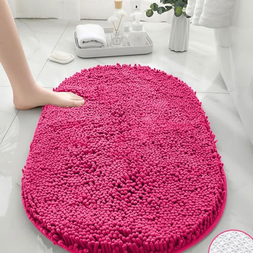 Tapis de bain ovale antidérapant en microfibre chenille douce et absorbant - Lavable - 40 x 60 cm - Rose pâle