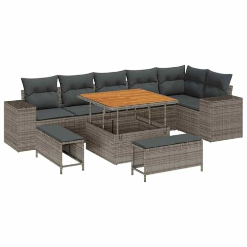 vidaXL 9-teiliges Garten-Sofa-Set mit Kissen in Grau aus Poly Rattan und Akazienholz – Stilvolle Möbel für draußen, bequem für 10 Personen und wetterfest für die Terrasse. Modular und praktisch.