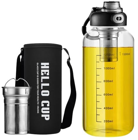 LEKEFETO Gourde en verre 1,5 l avec infuseur à thé - Bouteille d'eau en verre anti-fuite - 1500 ml - Bouteille borosilicate pour thé, bureau, école, sport