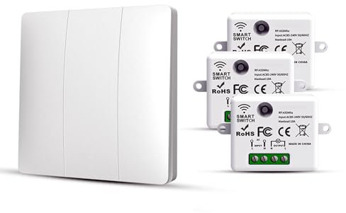 RF433 Kit d'interrupteur sans fil, avec émetteur et contrôleur récepteur, 10 A, 240 V (kit 3 interrupteurs + 3 récepteurs)