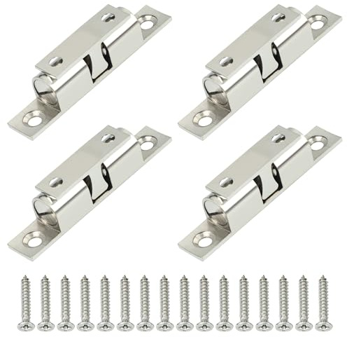 Mooche 4 Pcs Double Ball Roller Tension Door Catches,Solid Brass Adjustable | Cupboard Double Roller Latch Catches for Internal Doors Wardrobes Cabinet Kitchen Closet Furniture Door (Brushed)