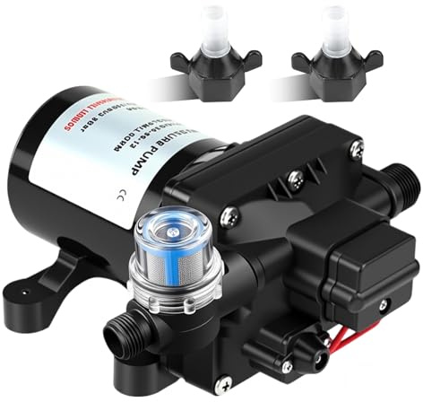 Selbstansaugende Wasserpumpe 12v für Wohnmobil, 4008-101-E65 Druckwasserpumpe 12v Wohnmobil, 4-Kammer-Membranpumpe mit einstellbarem Druckschalter (55 PSI/3,8 bar), PVC & Kupfer, 3 GPM/11.3 LPM