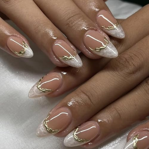 Almond False Nails Short - Full Cover White Press On Nails with 3D Design - 24PCS Acrylic Nail Tips for DIY Manicure at Home - Reusable Stick On Nails for Women - Nail Art Fake Nail Gold