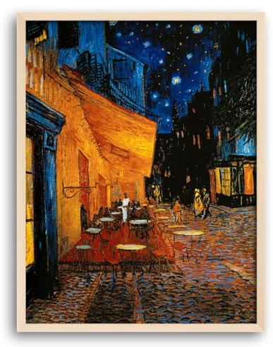 Van Gogh Kunstdruck Caféterrasse am Abend 50x70 cm Wandbild mit kräftigen Farben inkl. Rahmen Toskana in Ahorn Dekor aufhängfertig Made in Germany