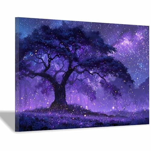 CUDAOO Baum des Lebens Modern Leinwandbild Stern-Violett-Baum Wohnzimmer Schlafzimmer Wandbild(Violett)-70x100cm Gerahmt