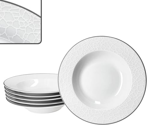 MamboCat 6er Set Venedig Suppenteller I 150ml, Ø21,5cm I weißes elegantes Porzellan Geschirr I 6 Personen I tiefe Teller mit Relief in Kieselstein-Optik für Salat, Suppe, Müsli, Pasta I Bowl